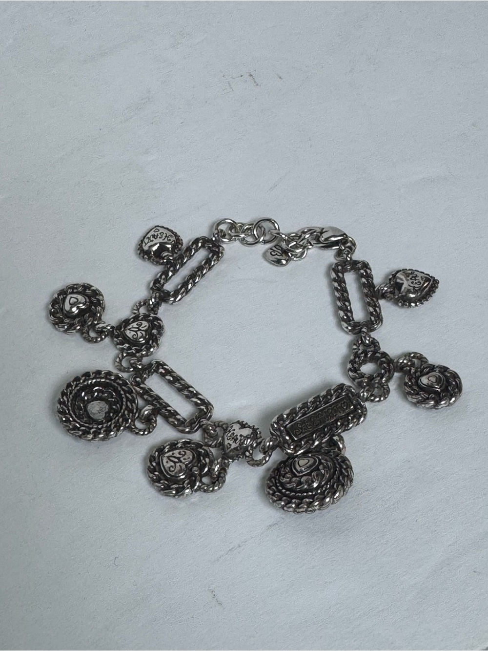 Brighton Silver-Tone Textured Charm Bracelet with Heart Accents